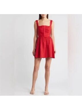 brie linen dress reformation Reformation Red 100% Linen Sweetheart Finn Button Up Tie Waist Mini Dress Size 2